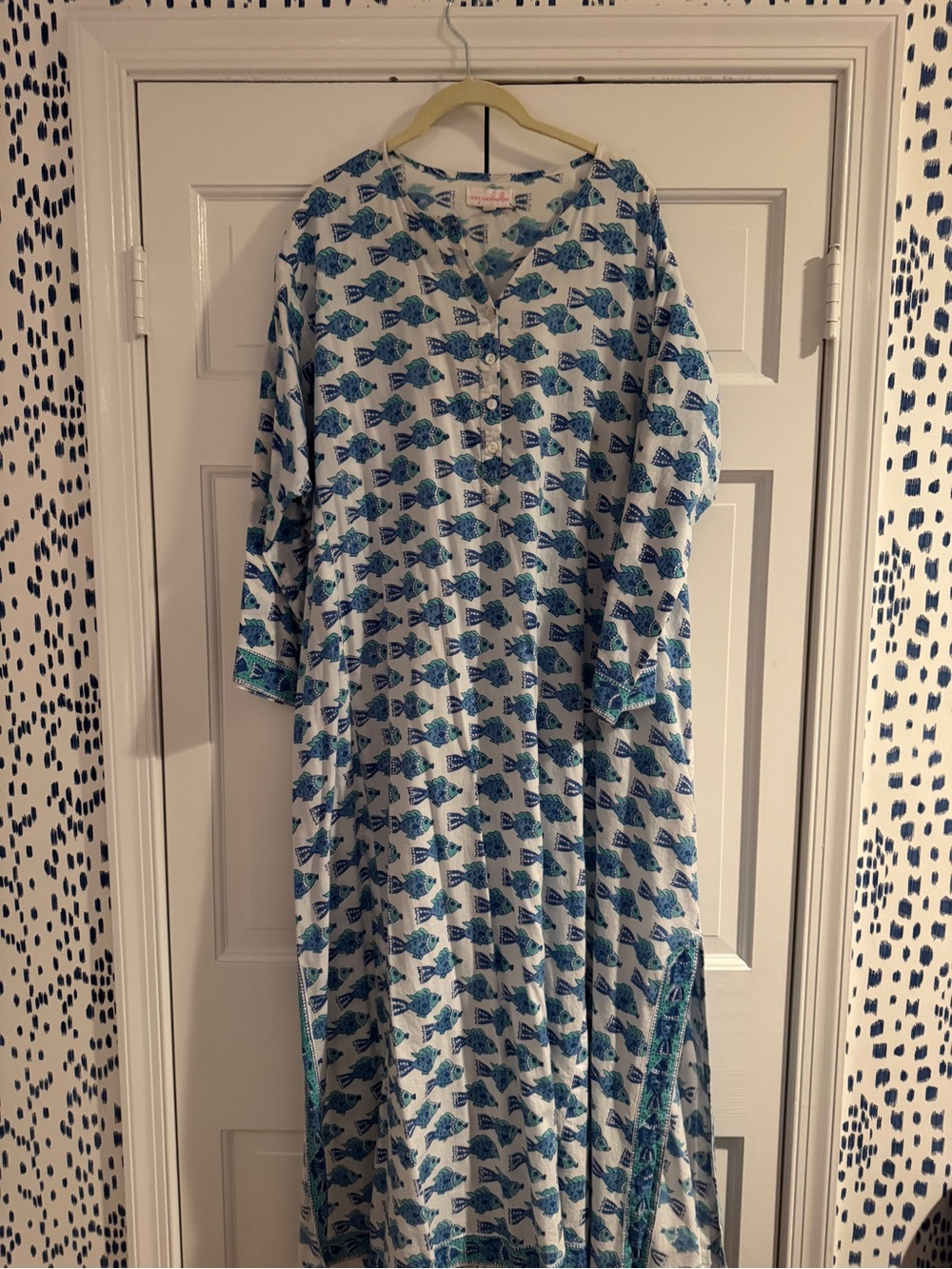 Maxi Dress in White & Blue Fish Print